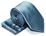 Premium Woven Men's Tie with Stripe Textured with matching Handkerchief / Hanky and Cufflinks, Gift Box Set as Christmas Gift, Birthday Gift - Various Colours