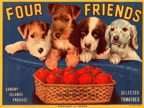 FOUR FRIENDS DOG TOMATOES CANARY ISLANDS PRODUCE CRATE LABEL PRINT REPRODUCTION