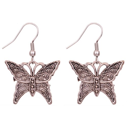 Yazilind Trendy Exquisite Tibetan Silver Butterfly Carved Flower Ear Wire Hook Dangle Earrings