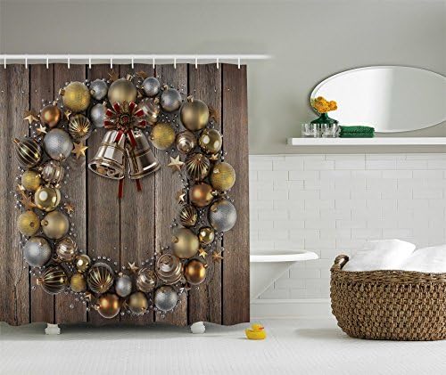 Christmas Holiday Designer's Collection Digital Graphic Print Gold and Silver Bells Shower Curtain Non Vinyl Waterproof Resistant w/ hooks - Simple Gift Awaits for you!