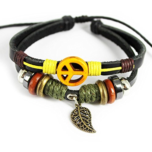 November's Chopin (TM) Unique Leaf Pendant Ring & Plane Button Leather Adjustable Wrap Bracelet