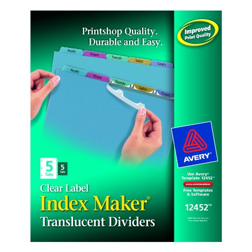 Avery 5 Tab Plastic Dividers for 3 Ring Binder, Easy Print & Apply Clear Label Strip, Index Maker Customizable Multicolor Tabs, 5 Sets (11452)