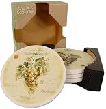 White Grapes Motif Absorbent Stone Ceramic Coasters in Wood Holder, Wine Themes, 2 designs