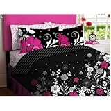 IMAGE OF Pink White Black Flowered Teen Girls Full Comforter Sheet Bed In A Bag Set