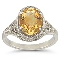 Victorian Floral Oval Citrine Ring in 14K White Gold