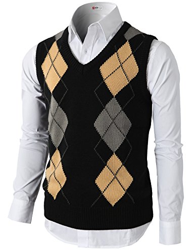 H2H Mens Casual Silm Fit Argyle V-Neck Golf Sweater Vest Of Various Colors BLACK US XL/Asia XXL (CMOV033)