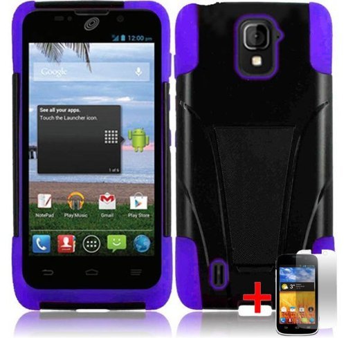Bloutina ZTE MAJESTY Z796C BLACK PURPLE HYBRID T KICKSTAND COVER HARD GEL CASE + FREE SCREEN PROTECTOR from [ACCESSORY...