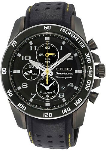 Seiko Sportura Black Dial Black Leather Band Mens Watch