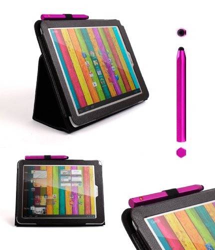DURAGADGET Etui aspect cuir noir et stand de maintien arrière pour Archos 97b Titanium tablette 9,7 pouces Android 3G / WiFi + stylet rose forme crayon bonus (PAS COMPATIBLE avec Archos 97 HD)