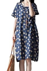 Vintage General Print Short Sleeves Cotton/Linen Midi Dress 