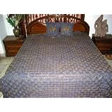 3p Blue Gold Floral Embroidered Cotton Indian Bedspread Coverlet King