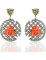 18kt Yellow Gold 41*27mm Diamond Pave Coral Buddha Drop Earrings Religious Jewelry
