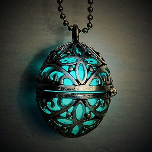 Jewelryfinds Retro Silver Oval Hollow Luminous Blue Ball Necklace