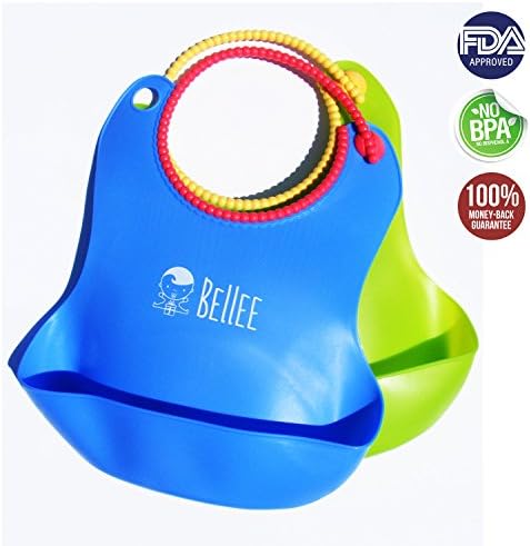 Soft Silicone Baby Bib With Food Catcher - Waterproof and Flexible - The Catch Pocket Keep The Floor Free From Mess- Blue and Green