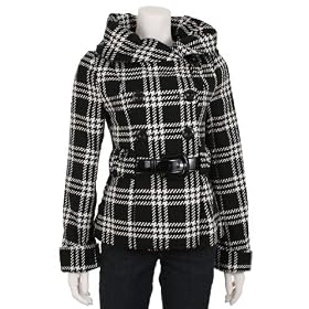 Buy Coffeeshop Black and White Belted Plaid Coat by Coffeeshop