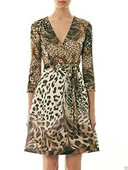 Animal Print Polyester/Silk/Spandex/Wool Pleated Wrap Lace-Up 3/4 Sleeves Flared-Skirt  Dress