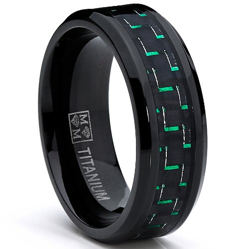 Black Titanium Wedding Band Ring with Black and Green Carbon Fiber inlay, Comfort fit 8mm, Sizes 7 to 13
