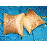 2 Peach Floral Silk Sari Toss Cushion Pillow Covers 16 by Mogul Interior