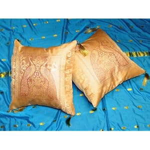 Buy 2 Peach Floral Silk Sari Toss Cushion Pillow Covers 16 by Mogul Interior now!