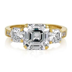 Click here to buy 14K Yellow Gold Vermeil 3-Stone Asscher-Cut Cubic Zirconia CZ Wedding Ring - Ideal Gift For... by NewOutlet.