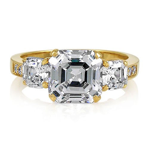 14K Yellow Gold Vermeil 3-Stone Asscher-Cut Cubic Zirconia CZ Wedding Ring - Ideal Gift For Mother Day, Anniversary, Engagement, Wedding, Birthday, For Her.