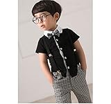 WIN　男の子 キッズ 半袖 ワイシャツ＆7分丈ズボン 上下セットアップ 韓国 子供服 子供スーツ 結婚式 ・七五三・服 紳士服 男の子 キッズ＆ベビー＆ジュニア トップス (140cm, ブラック)