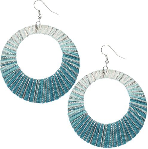 Light Blue White Fabric Woven Dangle Earrings