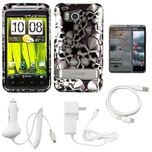 Skull Design Rubberized 2 Piece Protective Durable Hard Crystal Case Cover for Verizon Wireless HTC Thunderbolt 4G HD ADR6400 + Mirror Screen Protector + White Rapid Travel Wall Charger with IC Chip + White Rapid Car Charger with IC Chip + Micro USB Data Cable Cord