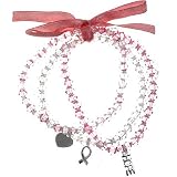 Set of 3 Crystal Stretch Bracelets - with Breast Cancer Awareness Sterling Silver Charms