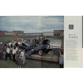 The Face of America: Relic of 90 M.P.H. On a spring night two months ago, five boys in a brand-new car hurtled along Route 202 in the suburbs of Philadelphia, Pennsylvania, at 90 m.p.h. Suddenly the car struck the road divider, bounced back across the highway into the guard-rail, and then smashed into a railroad-bridge abutment. James E. Knott, 18, and James R. Meyers, 16, seniors at the Ambler, Pennsylvania, High School, and Anthony S. Ciocca, 17, a former student there, were dashed to the roadbed and killed. The driver and owner of the car, Harry R. Shield, 20, died of his injuries five days later. Only James F. Serrao, 16, who was asleep in the back seat, survived. Knott's grief-stricken father urged that the wreckage be displayed as a warning to other youngsters at his son's school. The Ambler school board refused. Immediately, several other schools in the area arranged to show the mangled automobile to their students. Here, students of Plymouth-Whitemarsh High School review the grim memorial to the aftermath of a teen-age party. Photograph by Frank Ross. ..... 1957 Saturday Evening Post Picture, A5214A.