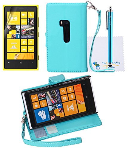 The Friendly Swede Basics - PU Leather Stand Wallet Case Cover for Nokia Lumia 920 + Matching Stylus + Screen Protector + Cleaning Cloth (Light Blue)