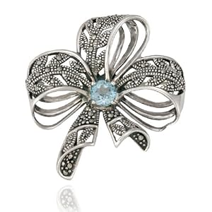 Sterling Silver Marcasite and Blue Topaz Ribbon Pin by 