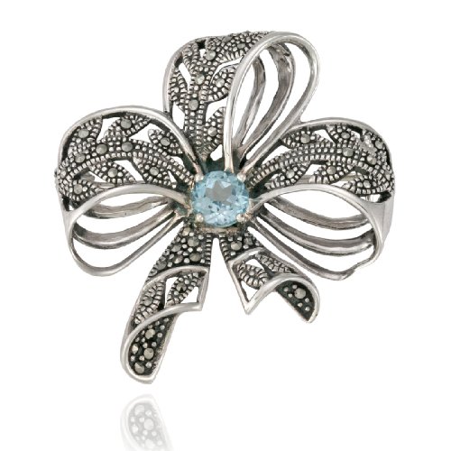 Sterling Silver Marcasite and Blue Topaz Ribbon Pin