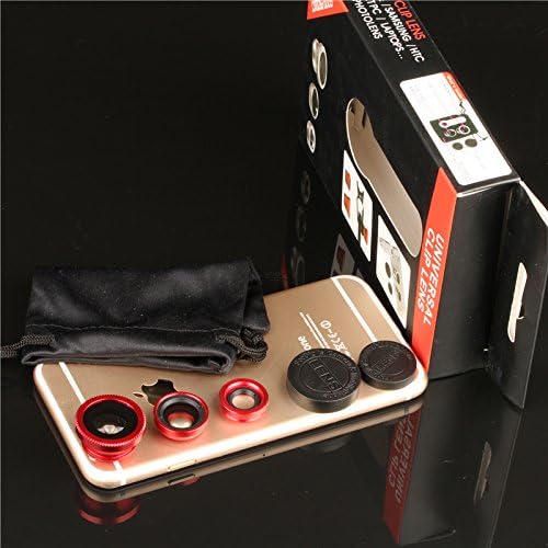 Universal Cell Phone Camera Lens Kit. 3-in-1 Clip-on Lens - 180 Degree Fish Eye, 130 Degree Wide Angle, 10x Macro Lens for Iphone 4 5 6, Samsung S4 and S5, Note 2 and 3. (Red)