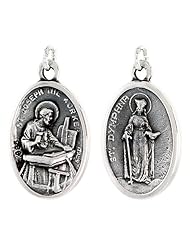 Sterling Silver Saint Joseph the Worker and St. Dymphna Medal Pendant 1 X 5/8 inch (24 mm X 16 mm).