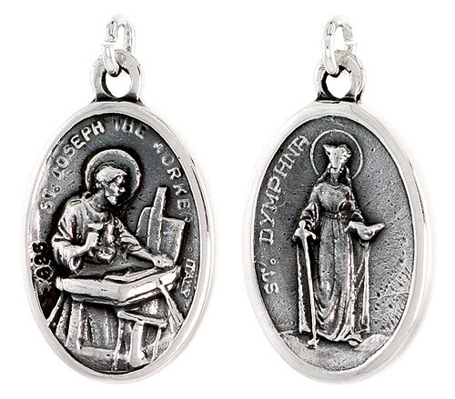 Sterling Silver St. Joseph the Worker and St. Dymphna Medal 15/16 X 5/8 (24 mm X 16 mm).