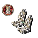 A Set of 5 Pc. Universal-fit Hawaiian Hibiscus Floral Print Front Bucket Seat Cover, Steering Wheel Cover and Shoulder Harness Pressure Relief Cover - Tan