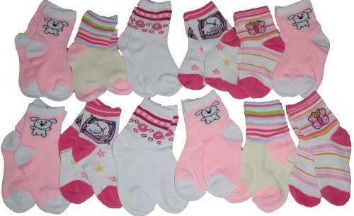 Bulk 12 Pair Toddler Girl Crew Socks Colorful Designs Size 3T 1 Dozen Pink