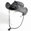 DISTRESSED SILVER GRAY, STRUCTURED STRAW COWBOY HAT WITH IRON CROSS PATCH AND STRAP / TIE ** MEDIUM - LARGE