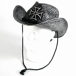 DISTRESSED SILVER GRAY, STRUCTURED STRAW COWBOY HAT WITH IRON CROSS PATCH AND STRAP / TIE ** MEDIUM - LARGE