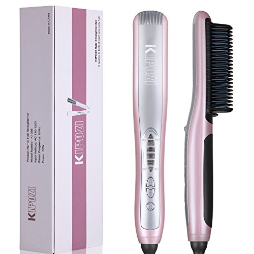 KIPOZI Ceramic Hair Straightener Brush Anion Hair Care Straightening Brush Comb with PTC Faster Heating,Lightweight Salon Styler,Pink