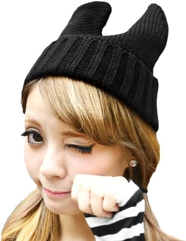 LOCOMO Women Girl Cute Devil Horn Cat Ear Slouchy Knit Beanie Hat Cap FAF033