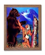 Indian Warrior With Grizzly Bear Home Decor Wall Picture Oak Framed Art Print