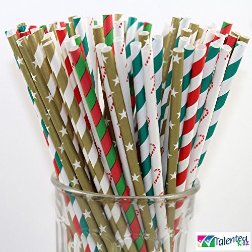 150 Christmas Holiday Paper Straw Combo, 6 Designs - 100% Biodegradable - 7.75 Inches - Holiday Party Supply - 150 Straws, 6 Patterns Individually Packed