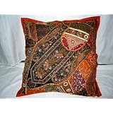 Orange-black Floral Design Vintage Sari Beaded Floor Pillow Cushion Cover 24"
