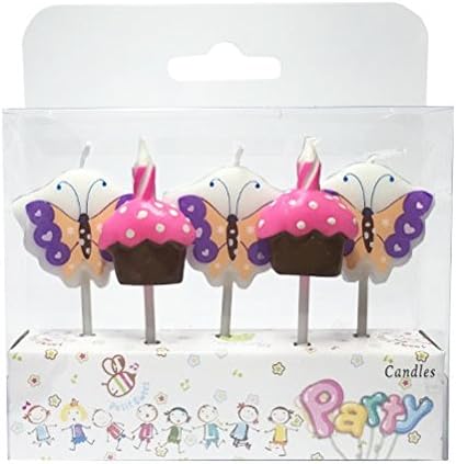 Birthday Candle, Cute Butterfly Themed Birthday Cake Candles For Kids, Toothpick Cupcake Candles, Pack of 5 (Butterfly &amp; Cake)