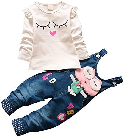 EFZQ Baby and Little Girls T-Shirt and Rompers Pants Overalls 2-Piece Set White L/90(Advice 18-24 months)