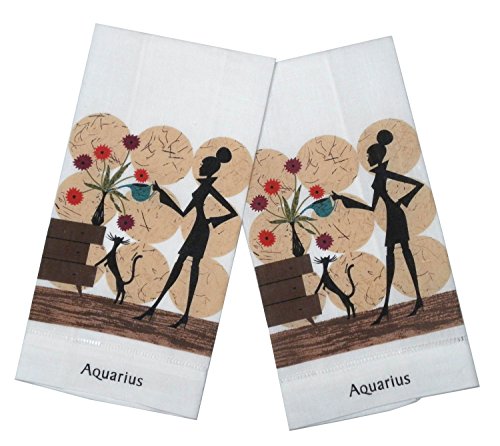 Saro Hemstitched Aquarius Zodiac Tea Towels, set of 2