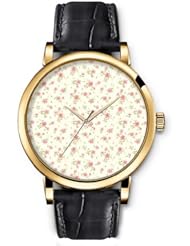 SPRAWL Aanalog Fashion Series Gold Ladies Watches of Genuine Black Leather Strap,Unique Wrist Watch for Women Girls Designed with Set of pink flowers