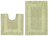 2 Piece Reversible Bath Rug Set - Race Track Sage by Cotton Craft - 100% Pure Cotton - High Quality and absorbent - Super Soft and Plush - Hand Tufted Heavy Weight Durable Construction - Larger Rug is 21x32 Oblong and Second rug is Contour 21x20 - Other Styles - Large Scroll, New Scroll, Greek Key, Palm Tree or Grid Stripe - Easy care machine wash